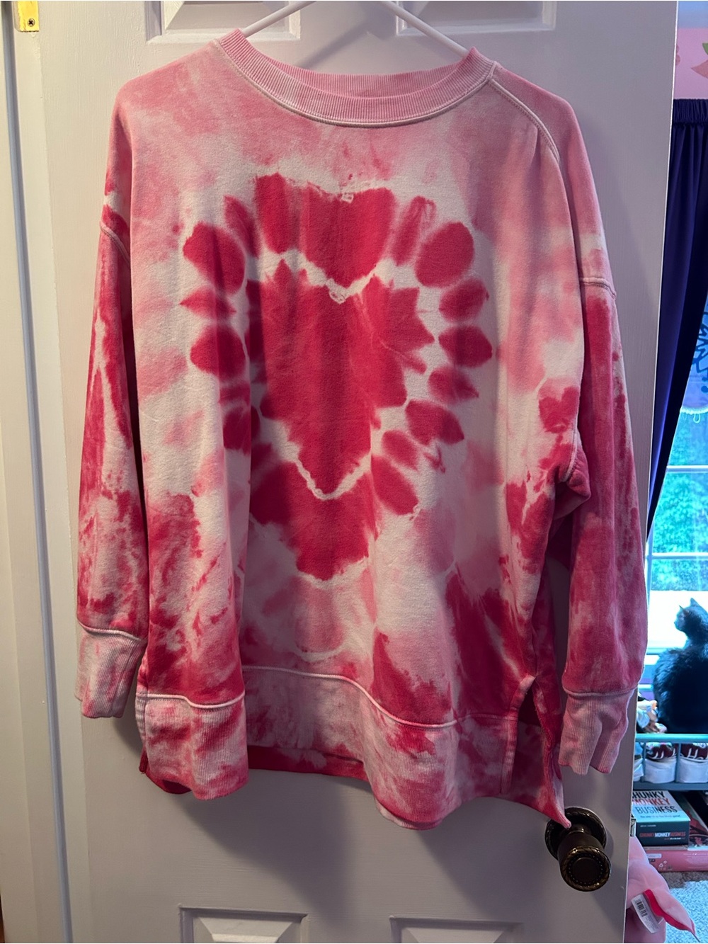 crown & ivy Pink Tie-Dye Heart Crewneck Sweater